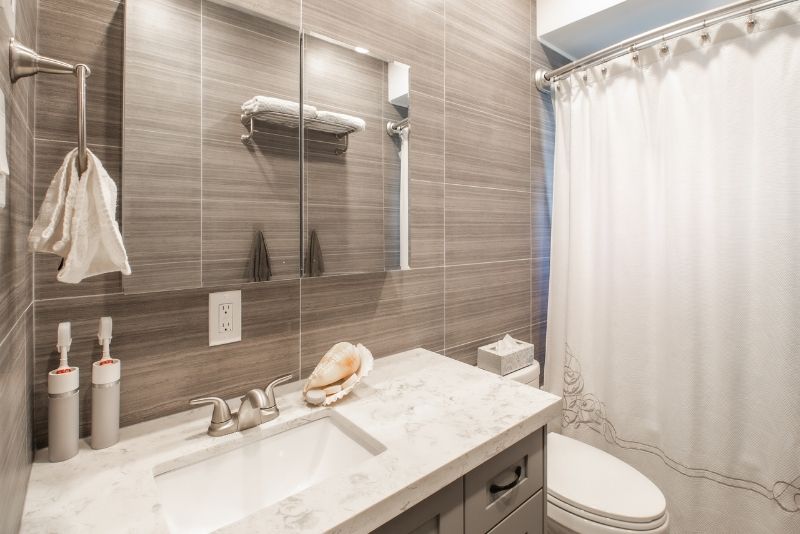 minimal beige renovated bathroom