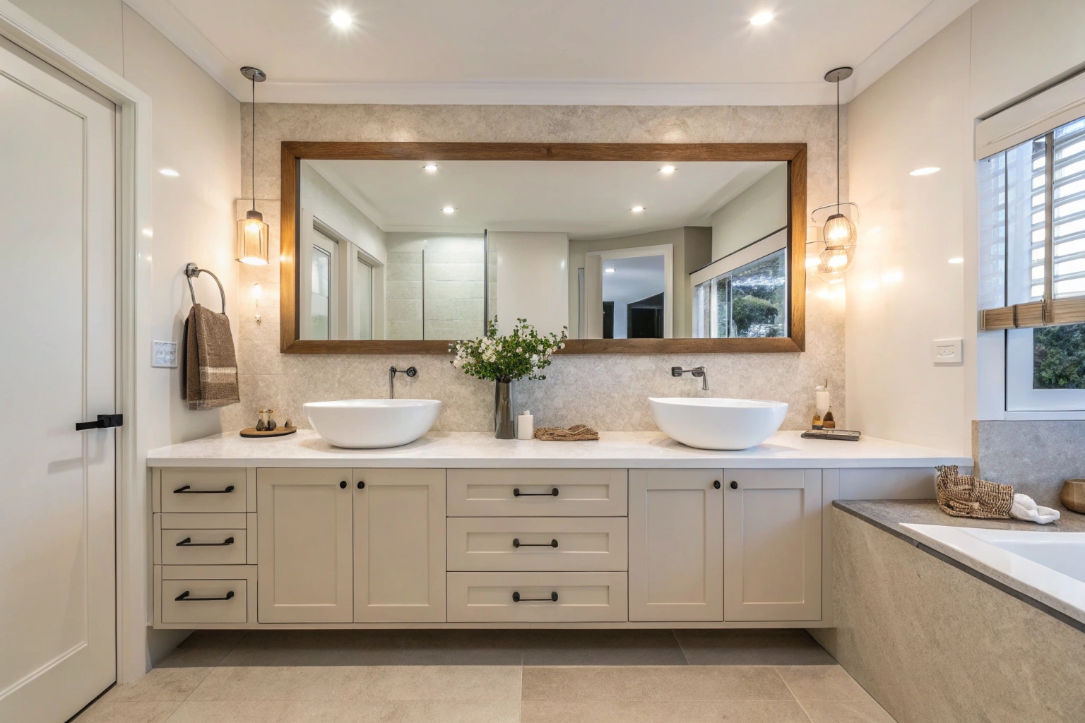 Renovated bathroom vanity with engineered stone benchtop and double basins in Newcastle home