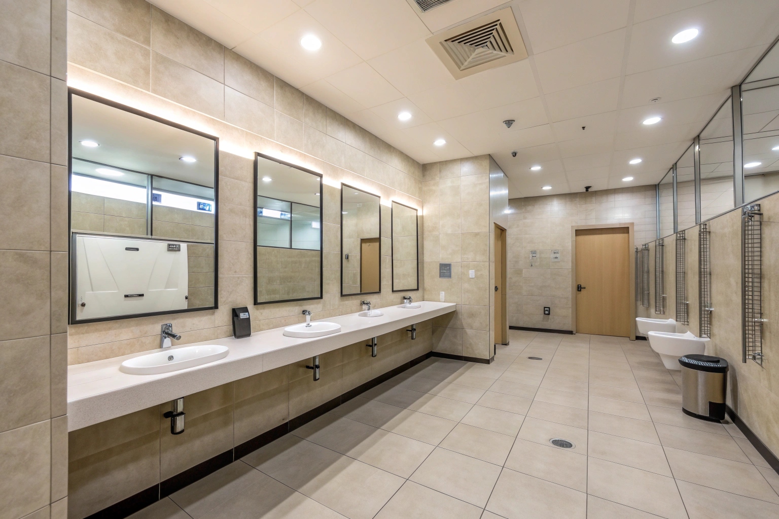 Commercial bathroom renovation with large format tiles and wall-mounted basins Newcastle