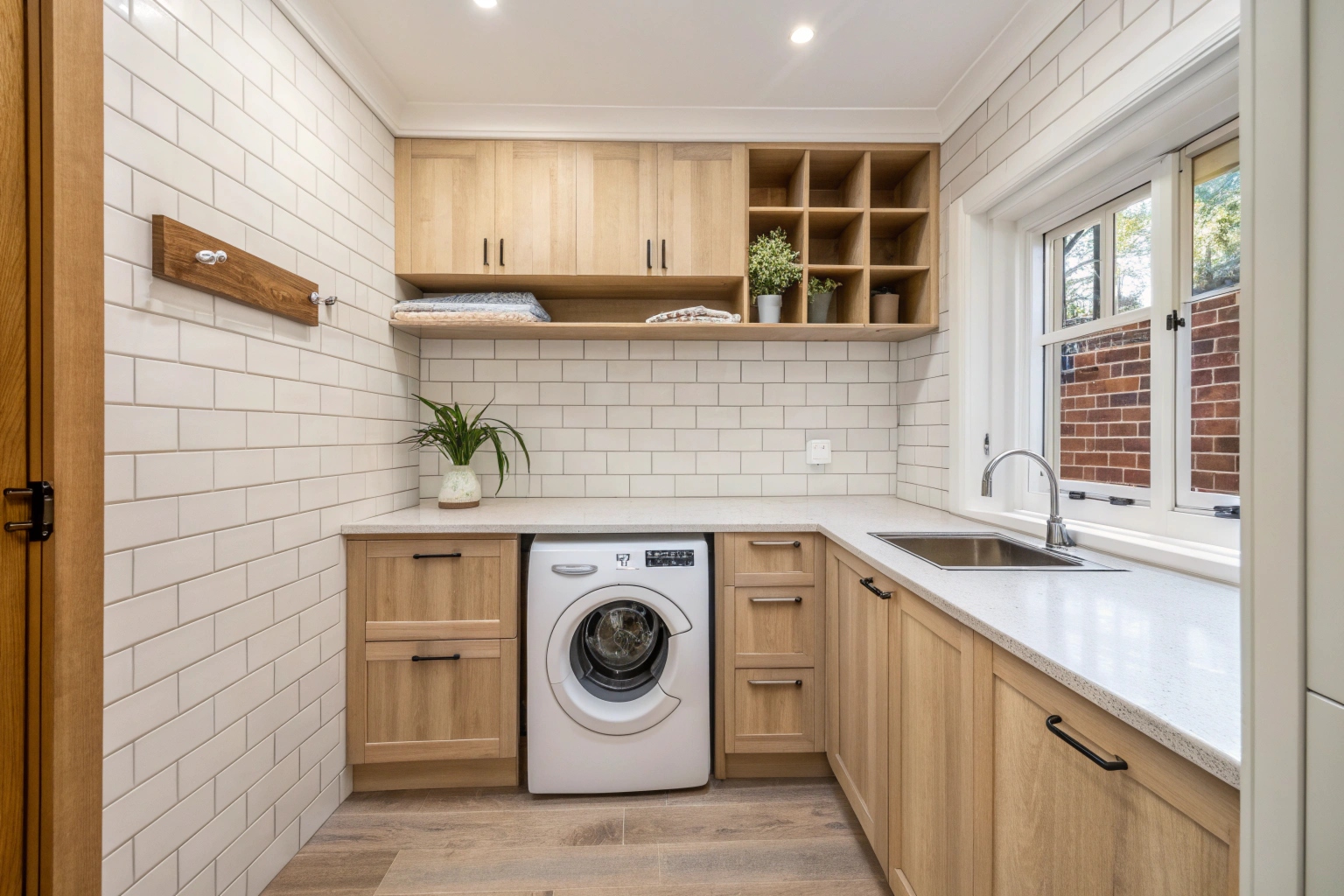 Compact laundry renovation in Newcastle brick home with timber cabinetry, tiled splashback and built-in washing machine