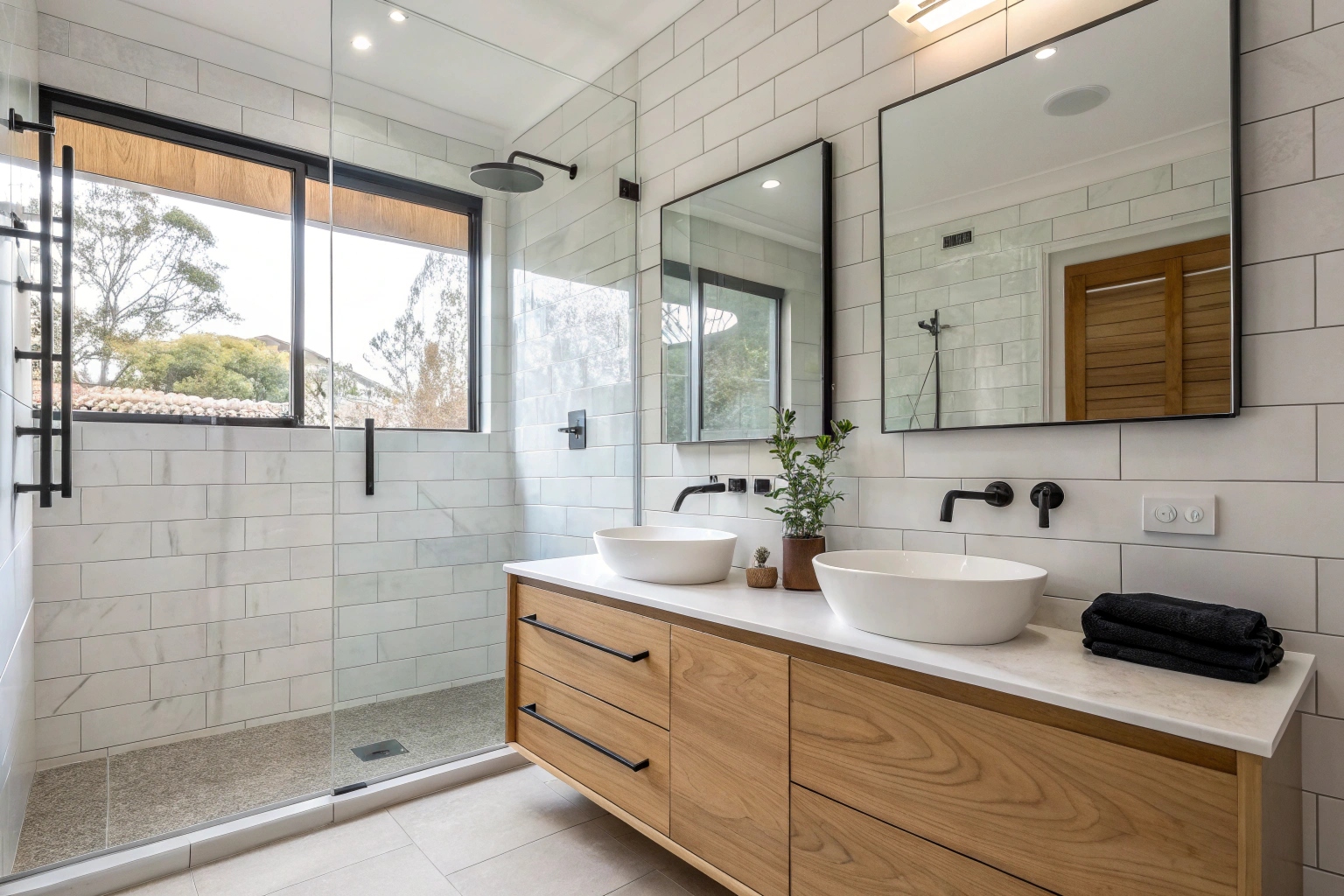 Completed bathroom renovation in Newcastle home with frameless shower screen and wall-hung timber vanity