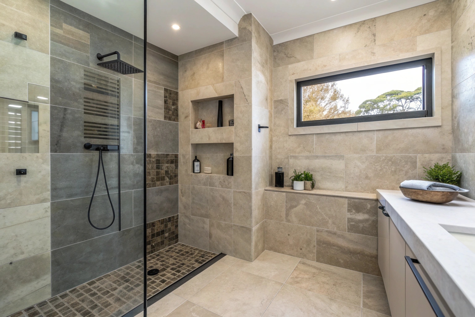 Renovated ensuite shower with stone-look tiles and recessed niche in Newcastle home