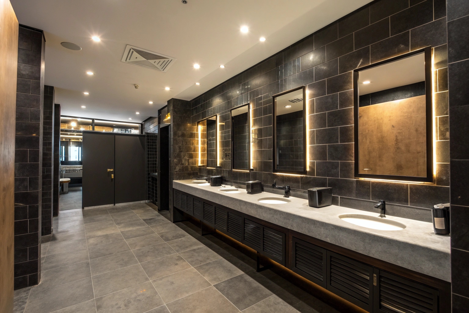 Upscale hospitality venue commercial bathroom renovation Newcastle with dark feature tiles