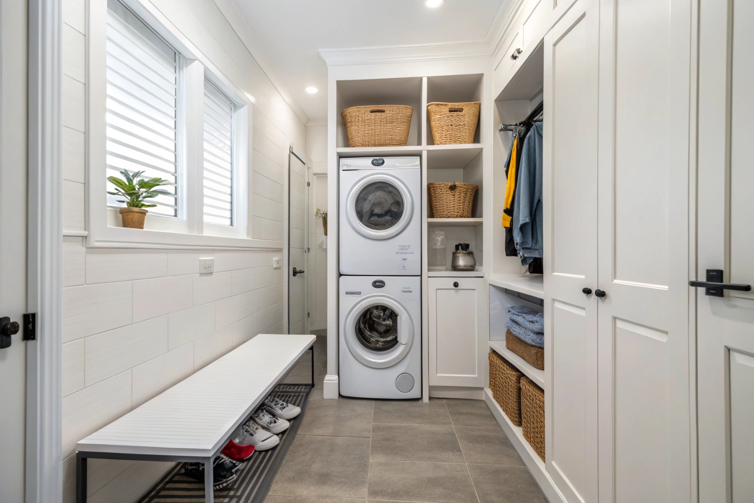 Narrow laundry renovation with stacked appliances in full-height white cabinetry and folding bench, Newcastle home