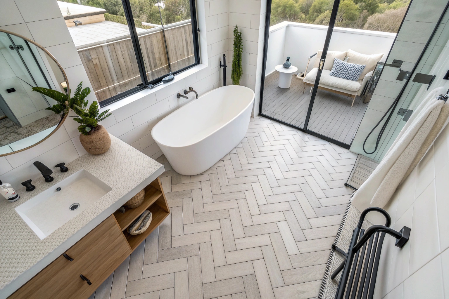 Aerial view of completed bathroom renovation in Newcastle showing herringbone floor tiles and freestanding bath