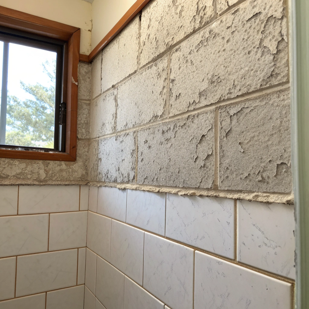 Old fibro cement wall sheeting commonly containing asbestos in pre-1990 Newcastle bathrooms