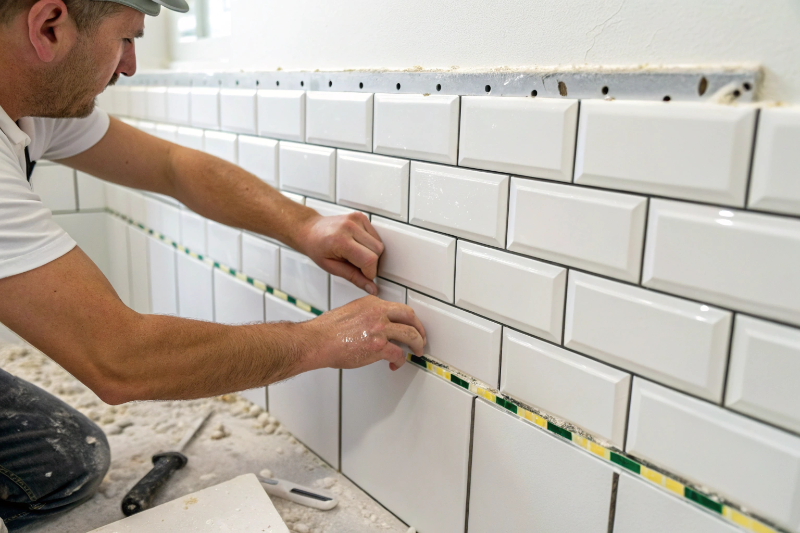 Professional tile contractor installing white subway tiles on bathroom wall in Newcastle home
