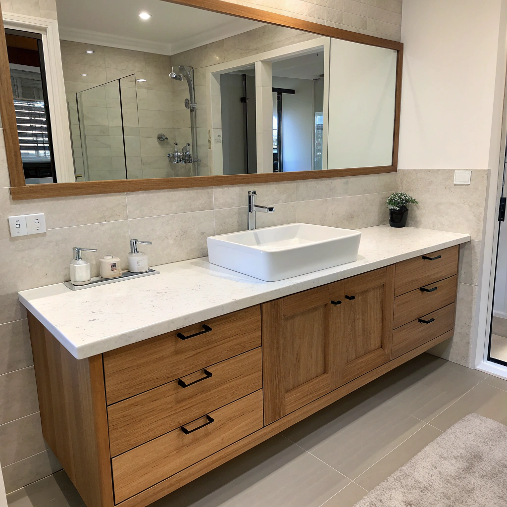 Wall-mounted timber vanity installation with stone benchtop in Newcastle bathroom renovation
