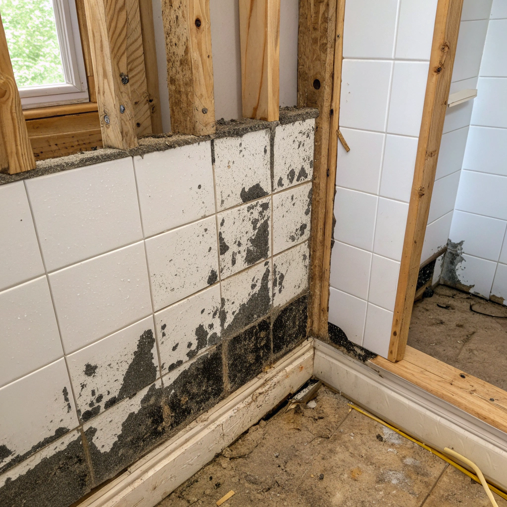 Water damage and mould behind bathroom tiles from failed waterproofing membrane