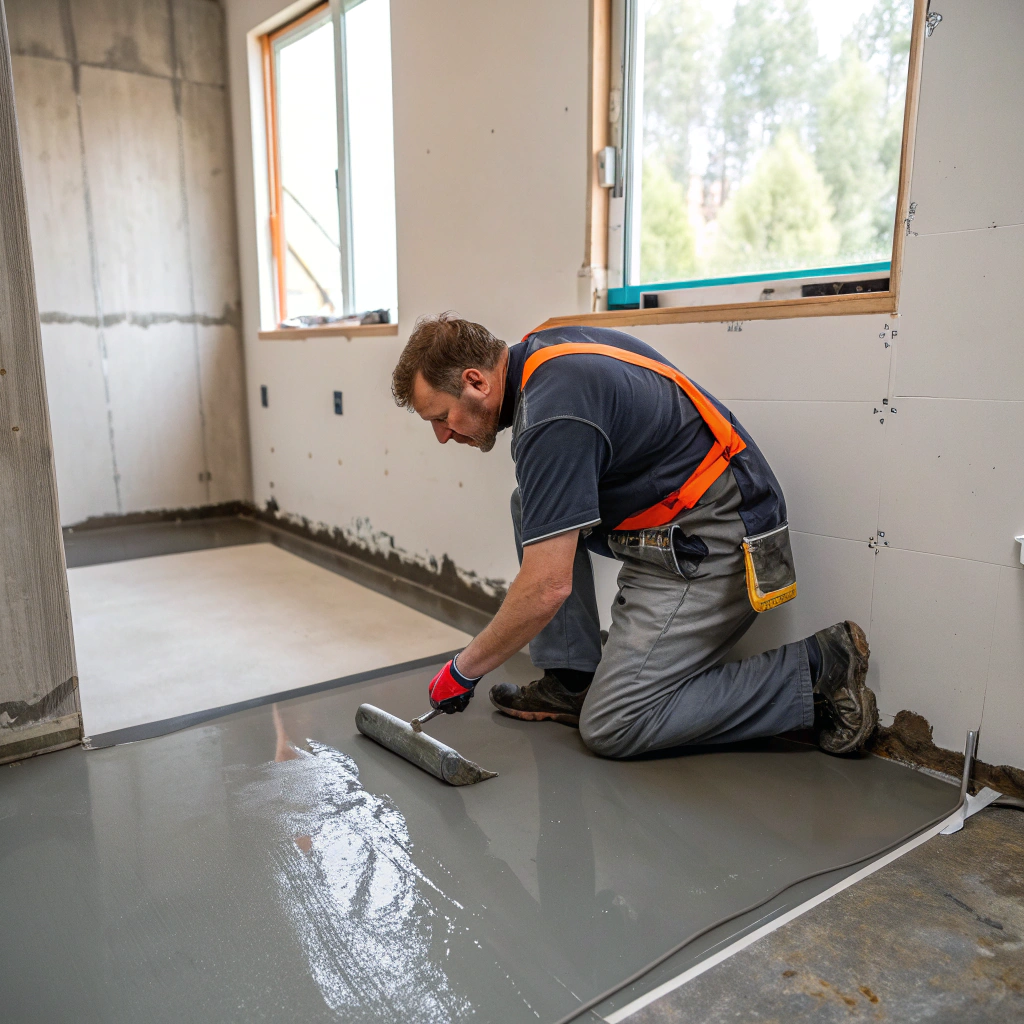 Tradesperson applying waterproofing membrane to bathroom wall-floor junction Newcastle