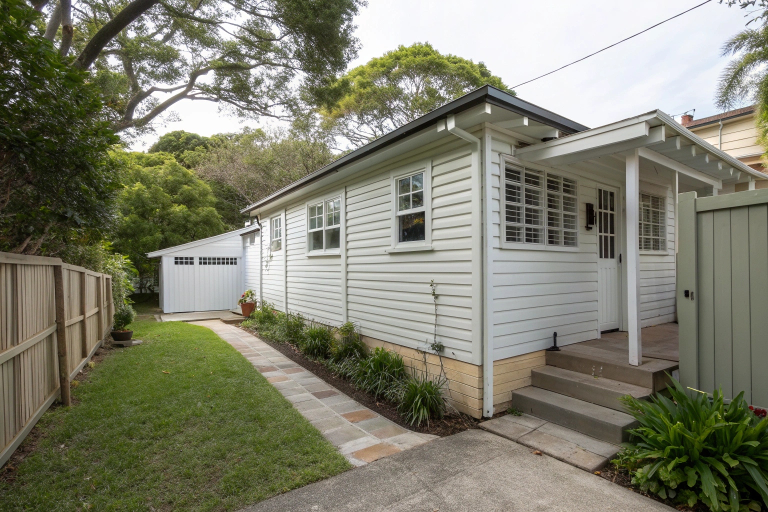 Back of a Newcastle weatherboard home showing laundry room with louvred window and concrete path in a coastal suburb