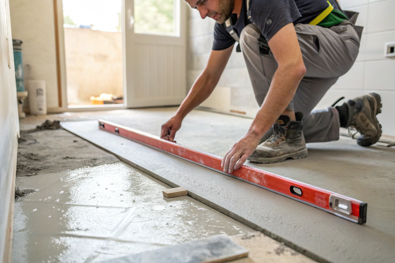Flooring contractor levelling bathroom floor substrate in Newcastle renovation