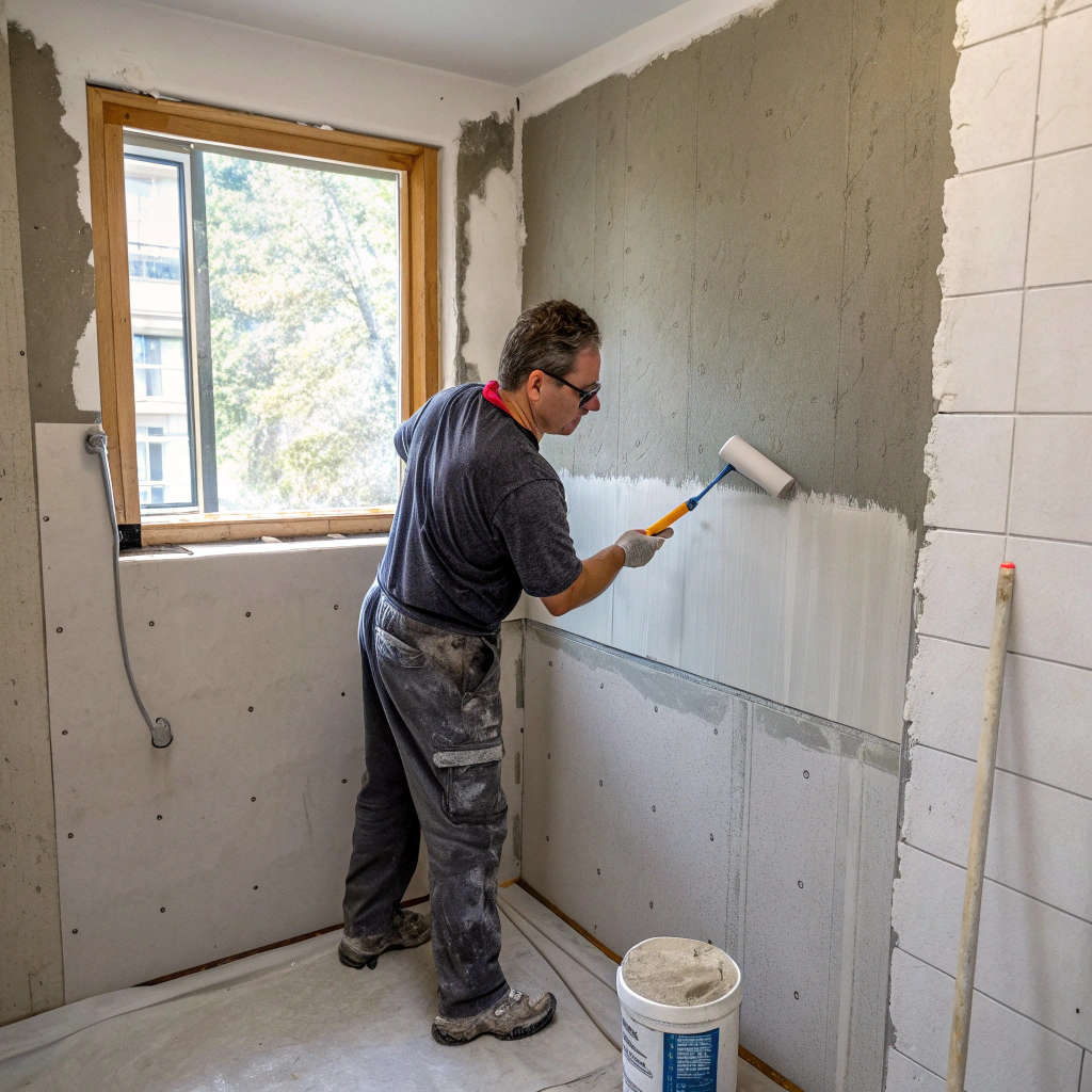 Tradesperson applying liquid waterproofing membrane to shower wall in Newcastle bathroom renovation
