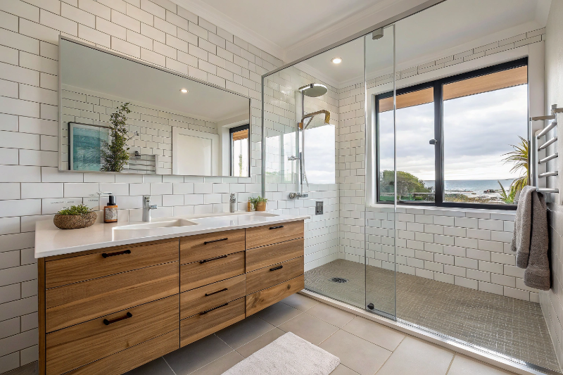Modern bathroom renovation in Newcastle featuring walk-in shower with frameless screen and floating vanity