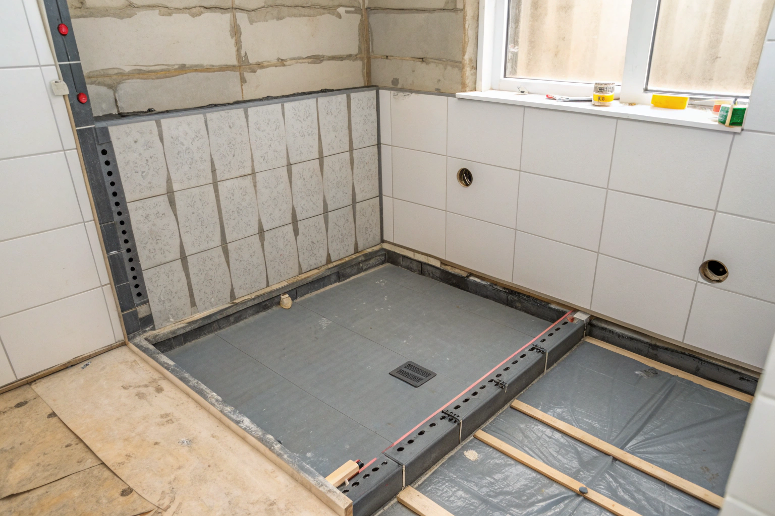 Shower recess with AS 3740 compliant waterproofing membrane applied to walls and floor