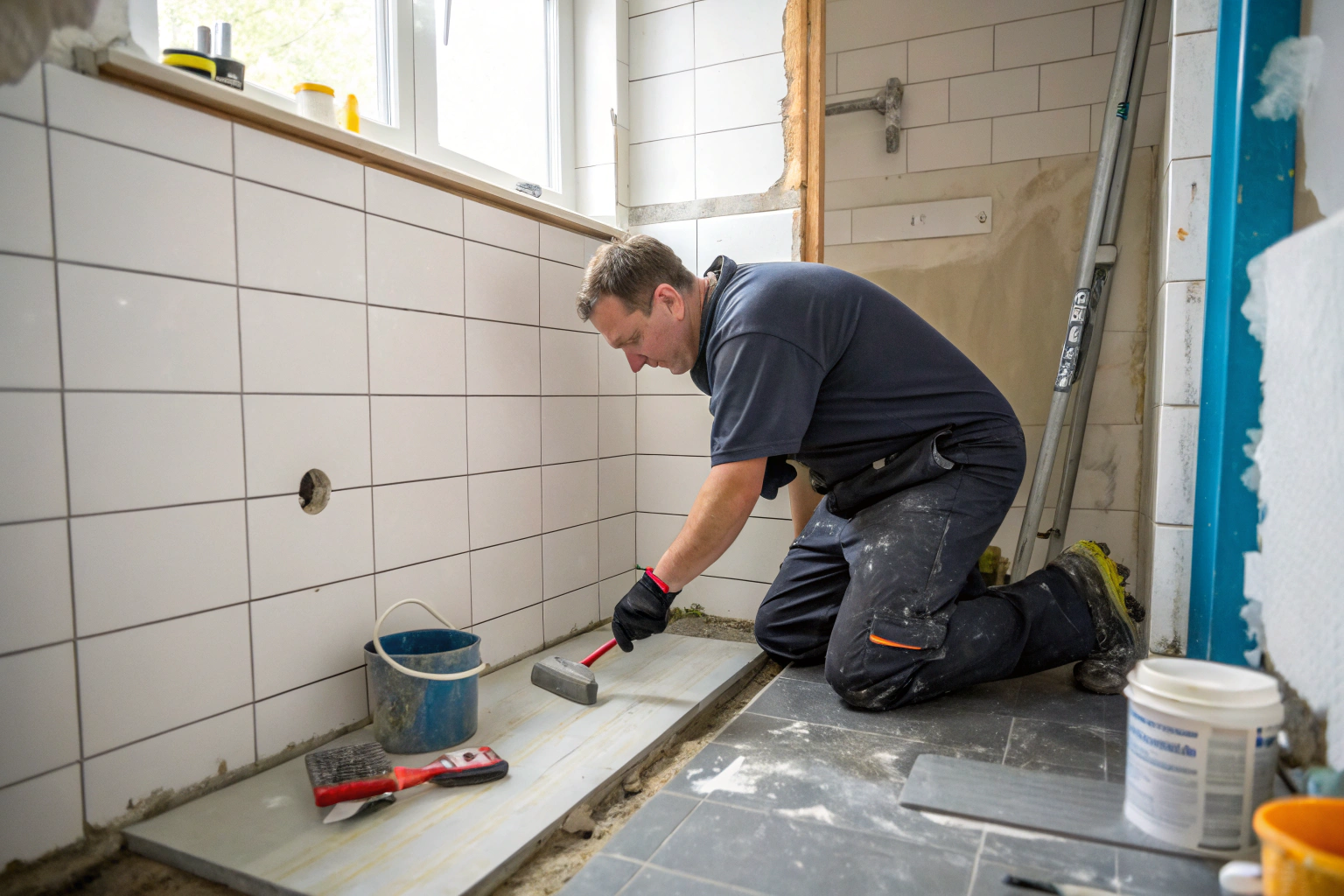 Tradesperson applying waterproofing membrane to shower recess corner in Newcastle bathroom