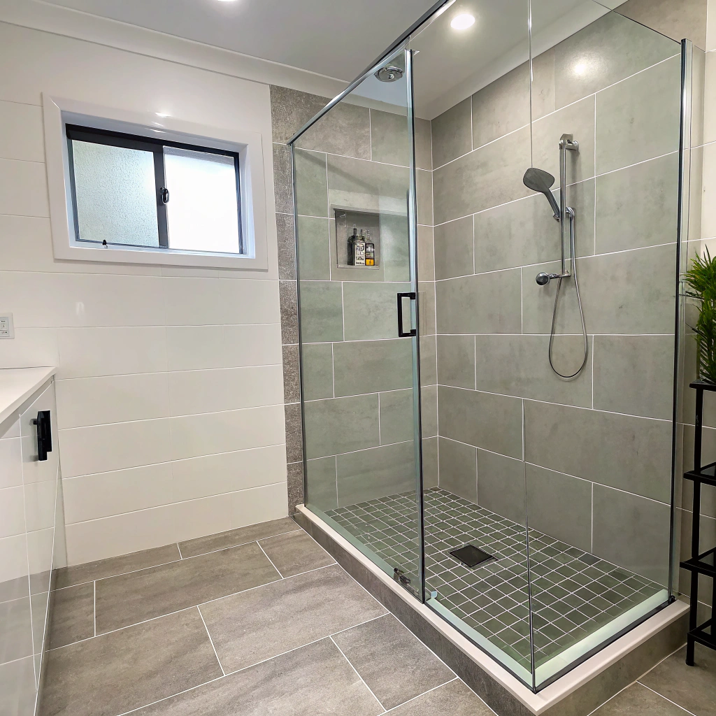 Modern walk-in shower installation with grey floor tiles and frameless glass screen in Newcastle bathroom