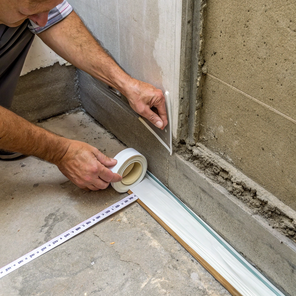 Waterproofing reinforcement tape being applied to internal shower corner during membrane installation Newcastle