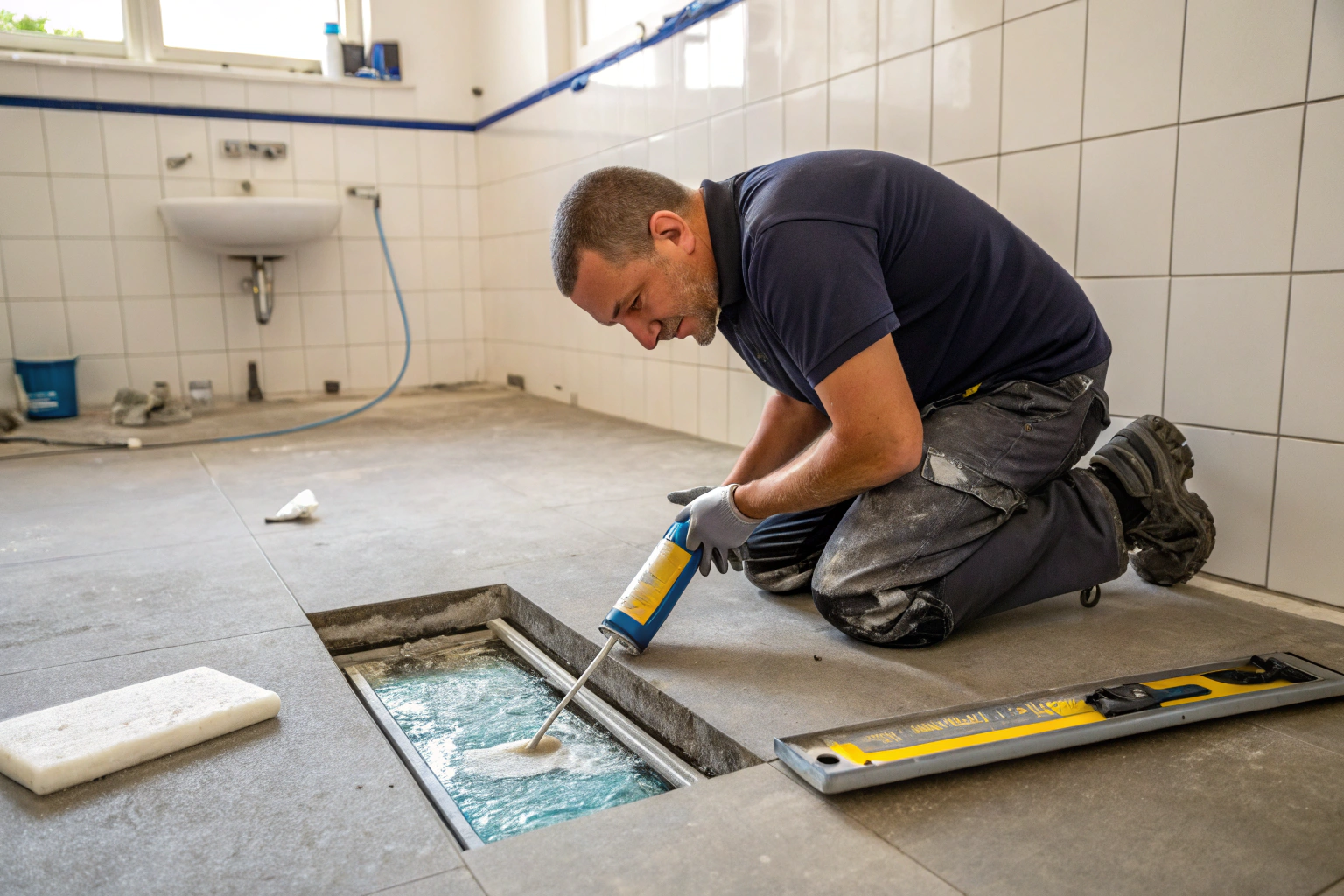 Waterproofing membrane being sealed around bathroom floor drain during installation in Newcastle