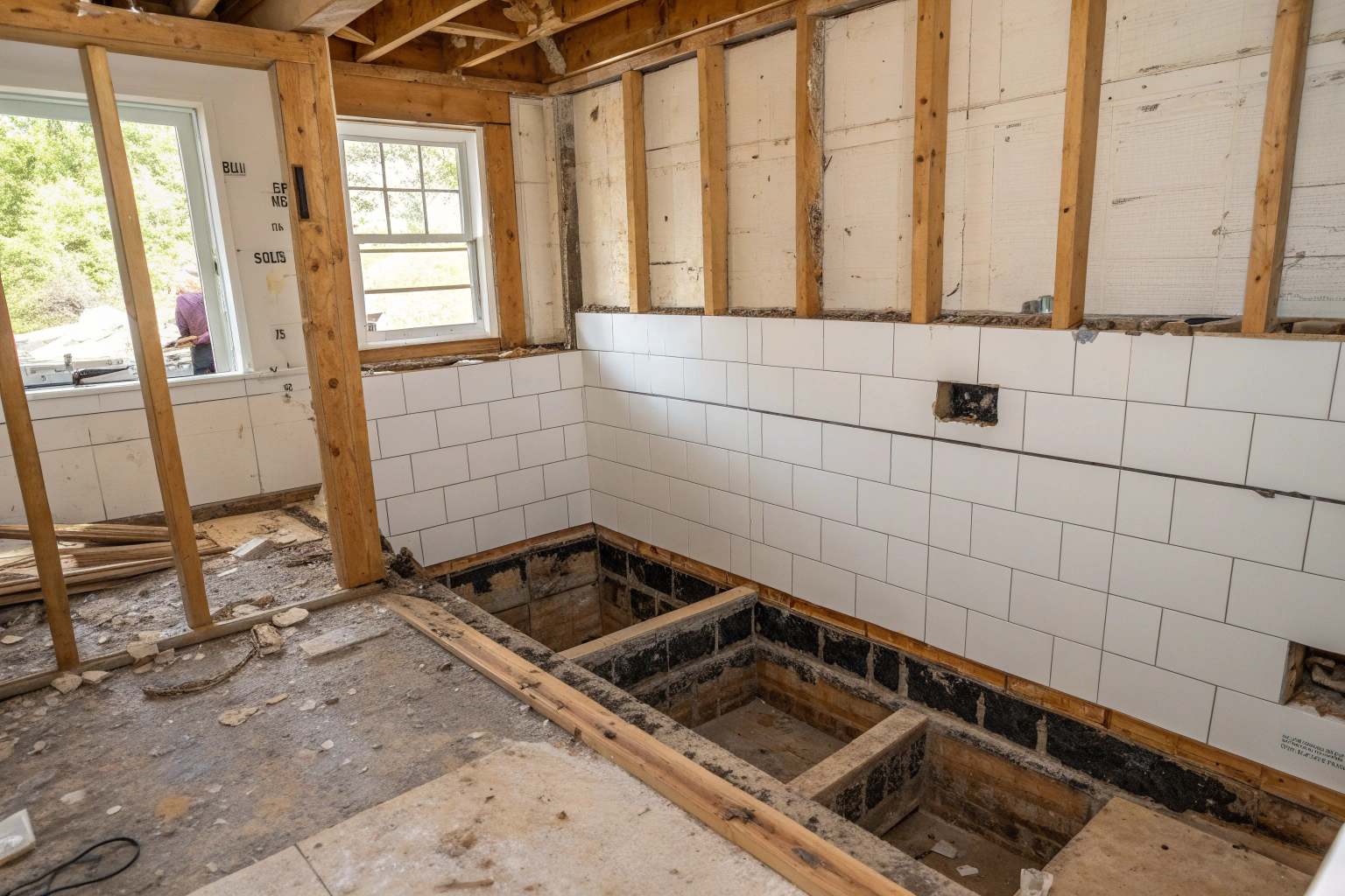Exposed bathroom wall cavity showing water damaged timber and subfloor