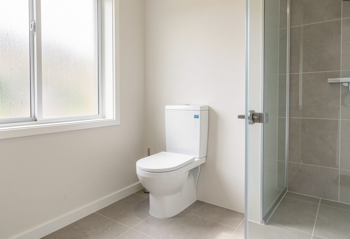 modern Australian bathroom featuring a white back-to-wall toilet installation
