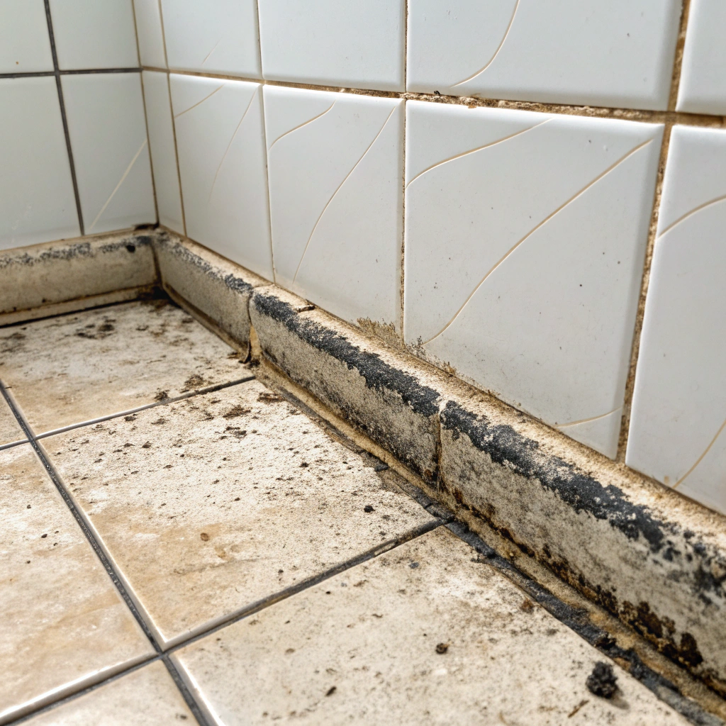 Black mould growing along bathroom wall tiles and grout lines