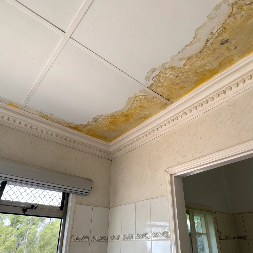 Damp patch and water stain on bathroom ceiling in Newcastle home